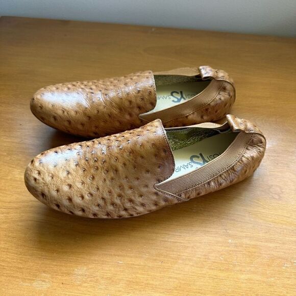 Yosi Samra Ariel Tan Leather Ostrich Print Closed Almond Toe Flat - Picture 8 of 8